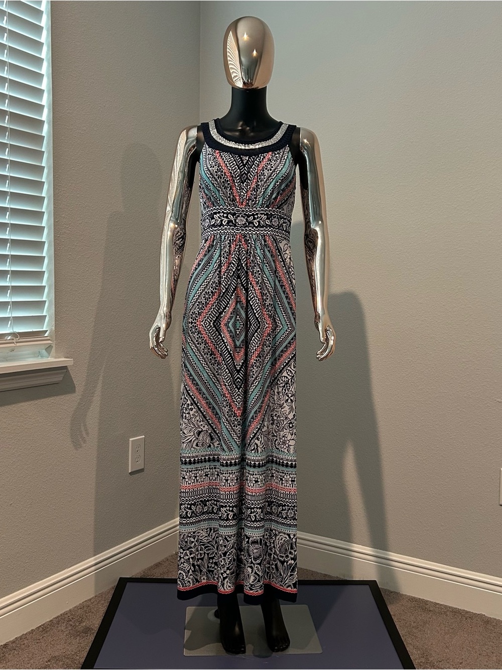 Studio One Sleeveless Maxi Dress in Navy, Teal & Coral